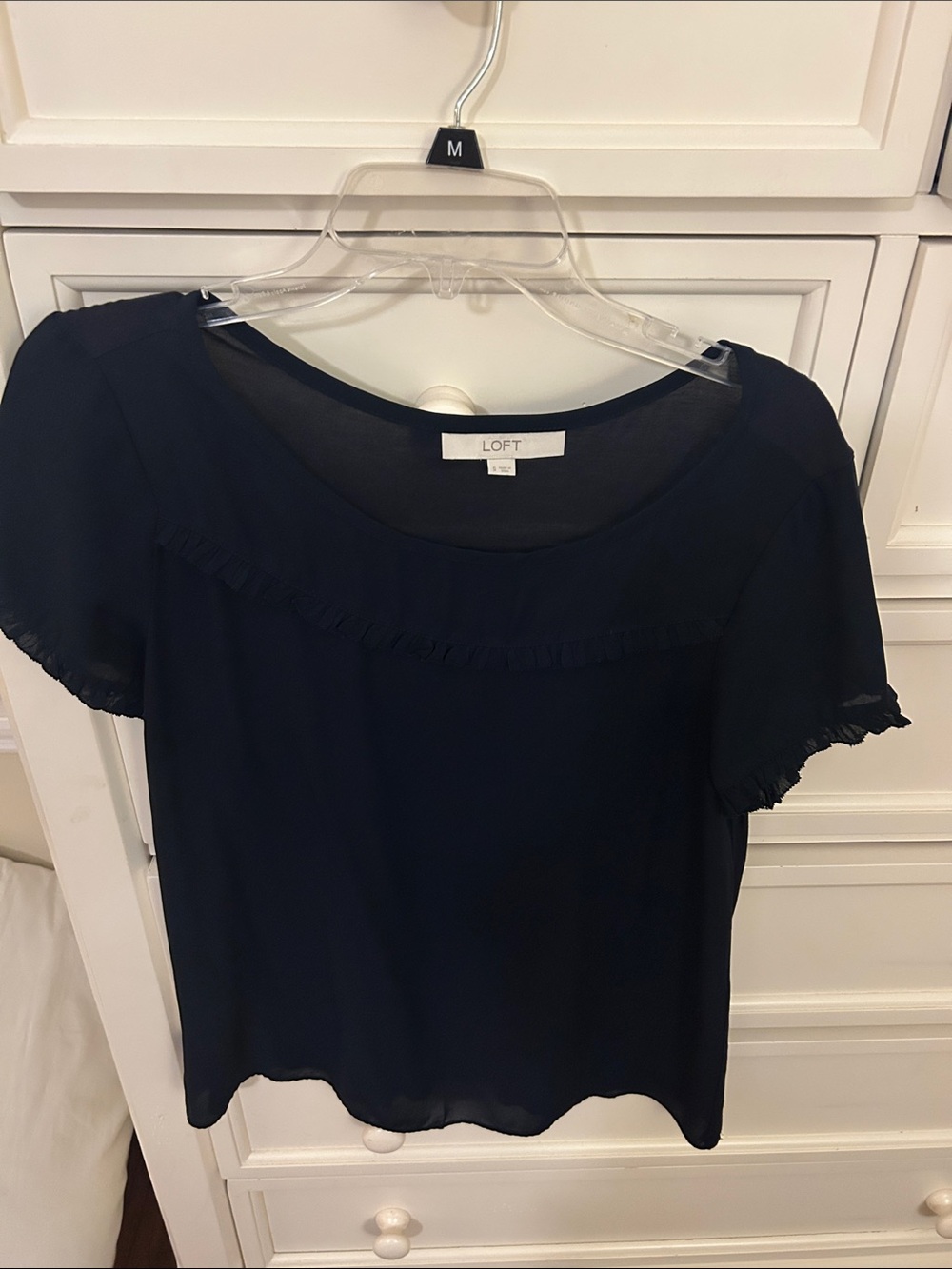 LOFT Navy Short-Sleeve Ruffle-Trim Blouse